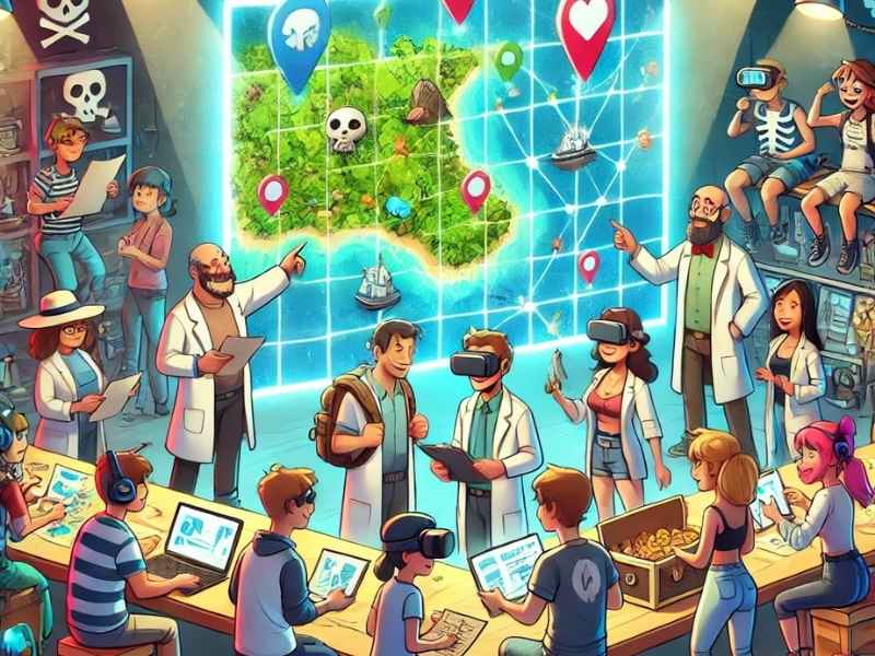 A diverse group of treasure hunters—scientists, gamers, and conservationists—gathered around a digital map, strategizing their next move
