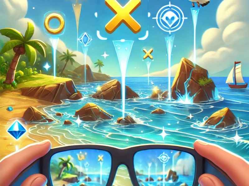 A player using AR glasses to scan a seaside location, revealing hidden treasure markers in the real world