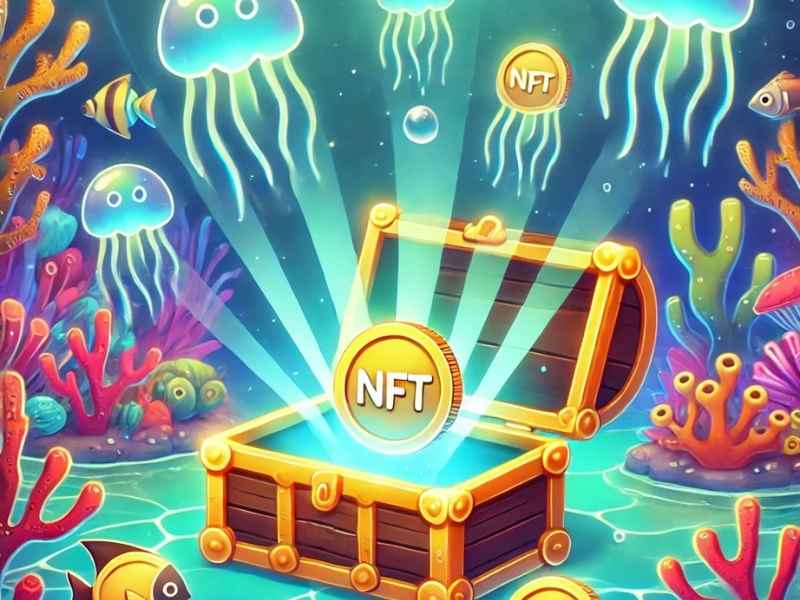 A glowing underwater treasure chest opening to reveal luminous NFT tokens and a holographic projection of an ocean conservation fund