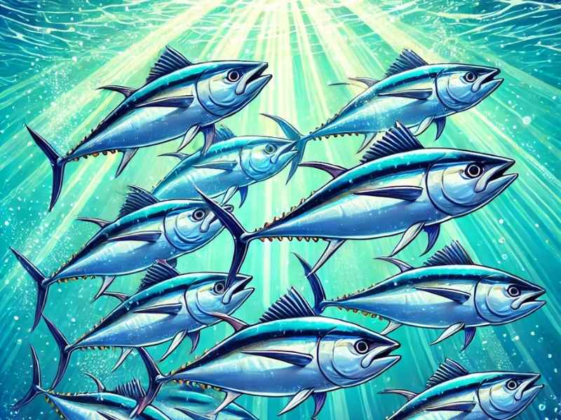 A majestic school of bluefin tuna swimming in unison, illuminated by beams of sunlight piercing through the surface