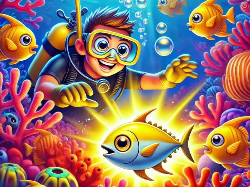 A deep-sea diver reaching out towards a shimmering golden tuna emblem hidden among coral reefs