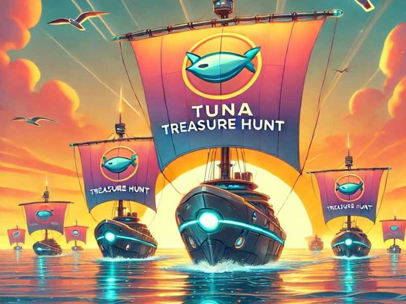 A fleet of futuristic ships setting off at sunrise, their sails emblazoned with the TUNA Treasure Hunt emblem, symbolizing the beginning of an epic journey
