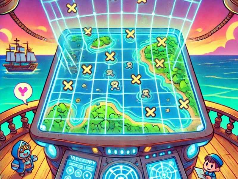 A futuristic map projected in holographic form above a ship’s deck, showing scattered treasure locations in the ocean
